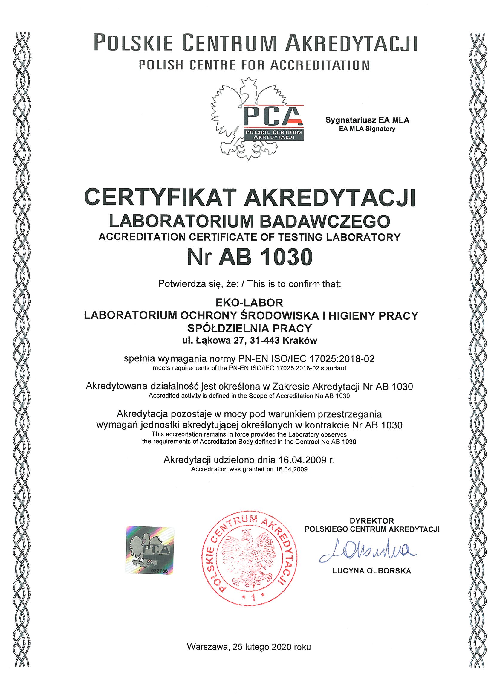 Certyfikat akredytacji laboratorium badawczego